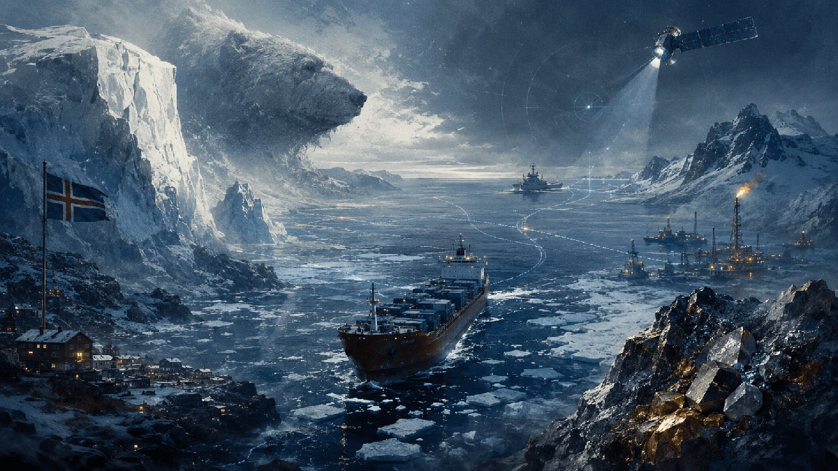 Stylised Arctic scene showing an icebreaker cargo ship, offshore energy infrastructure, satellite surveillance and a looming polar bear, symbolising the geopolitical race for power, resources and new trade routes in the Arctic. Dario Item