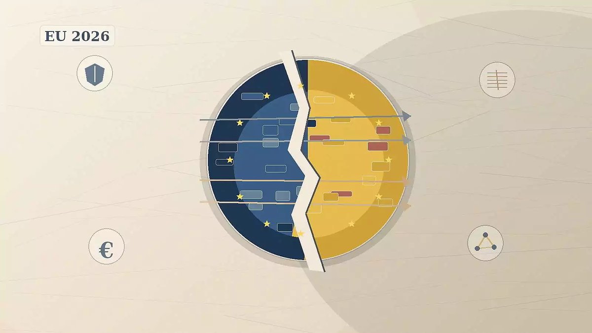 Stylized split European Union circle with stars, arrows and a fault line representing divisions over defence, debt, migration and enlargement in 2026. Dario Item