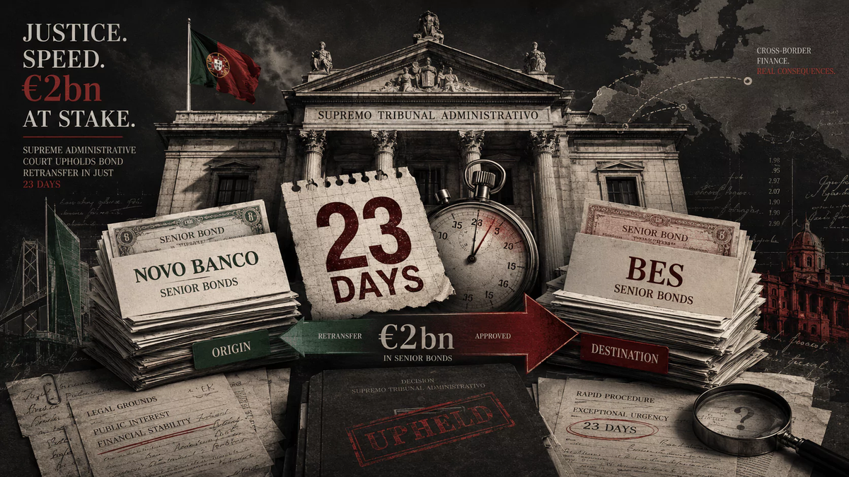 Stylised editorial image of Portugal’s Supreme Administrative Court, Novo Banco and BES senior bond files, a stopwatch and a calendar marked 23 days, illustrating the €2bn bond retransfer dispute.